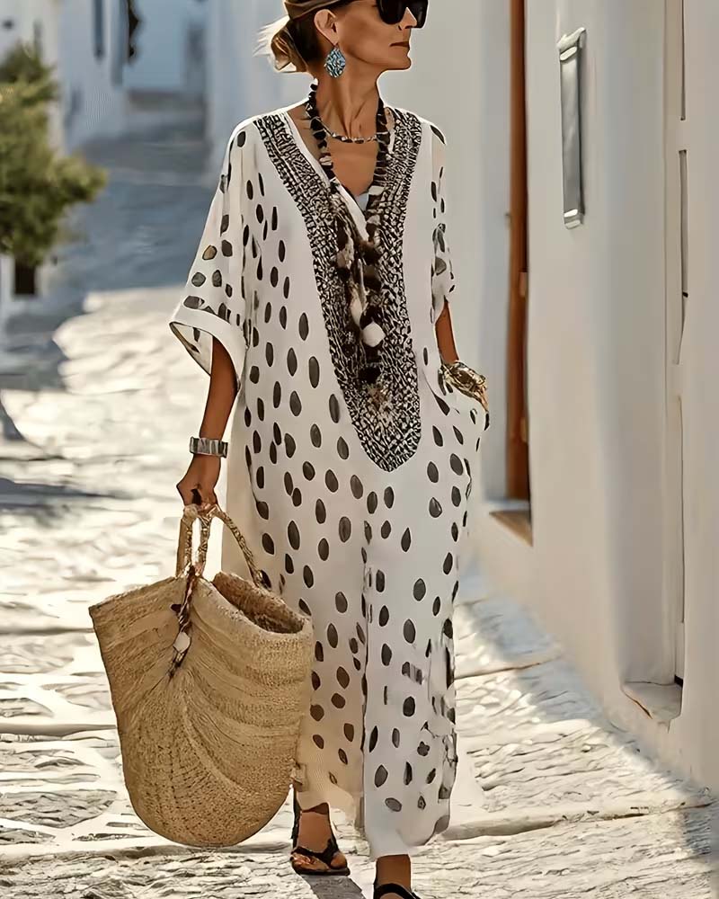 Jurk V-Hals Stippen Resort Print