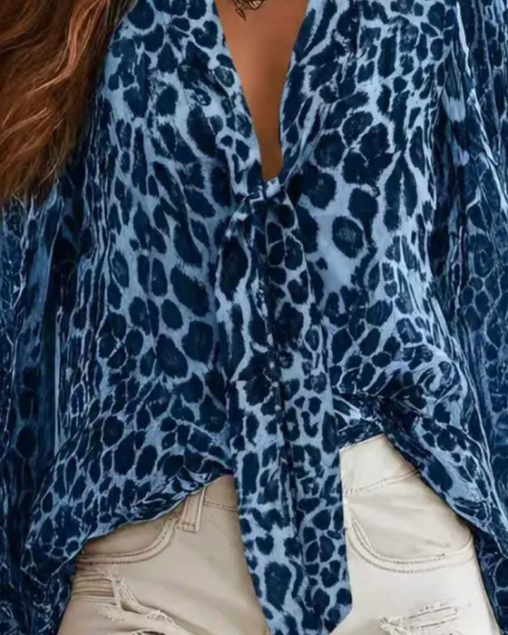 Blouse V‑hals Luipaardprint Doorzichtig Lange‑mouw