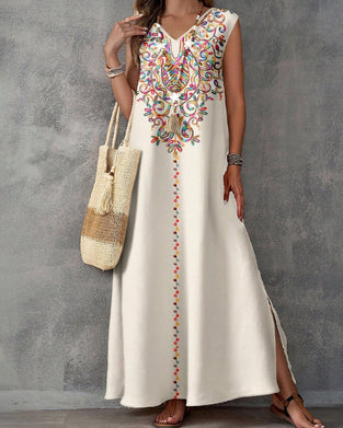 Jurk Etnische Stijl Print Mouwloos Split Lang