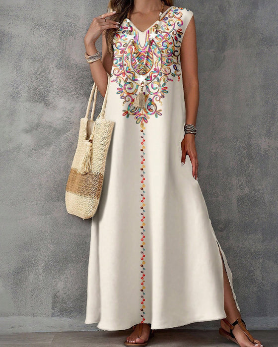 Jurk Etnische Stijl Print Mouwloos Split Lang