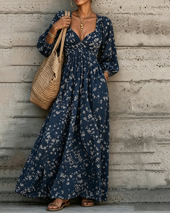 Jurk Gerimpeld Bloemen Poefmouw Volle Rok