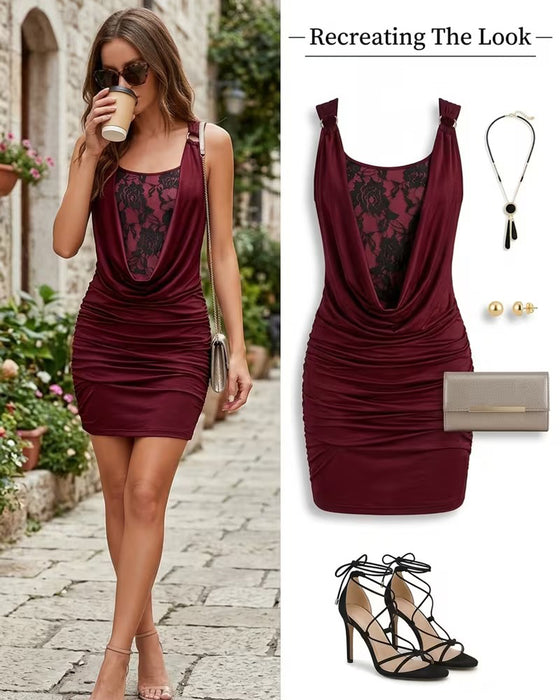 Jurk Drape Hals Kant Bandjes Bodycon