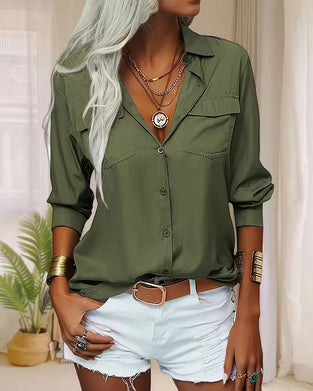 Vrouwen Overhemd Met Dubbele Zak Detail, Eenvoudige Kleur Ontwerp