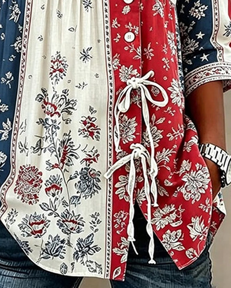 Blouse Vlag Patchwerk Print Rijgsluiting