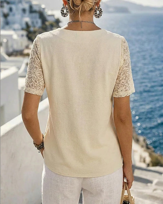 Blouse V-Hals Kant Patchwork Effen