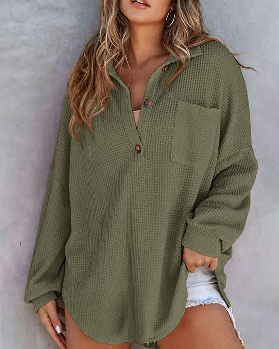 Blouse Effen Knoop-Down Los Kraag