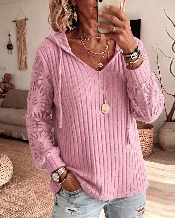 Blouse Capuchon V-Hals Kant Patchwork Geribbeld