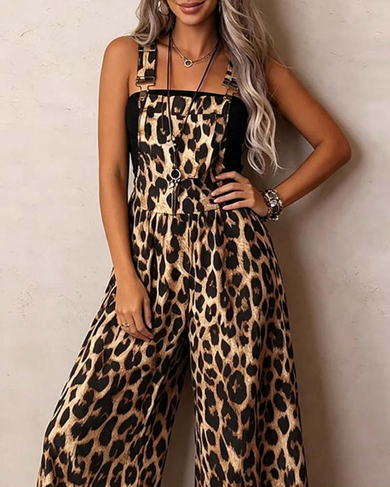 Jumpsuit Luipaard Hoge Taille Wijde Pijp Bandjes