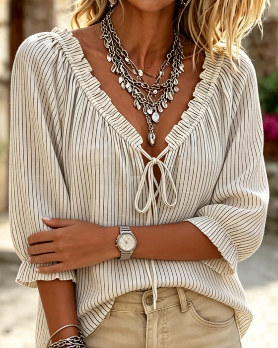 Blouse Casual Gerafelde Mouwen Vetersluiting