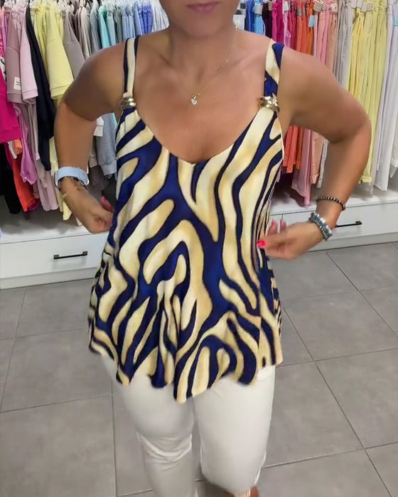 Blouse V-Hals Bandjes Zebra Print Metalen Knoop