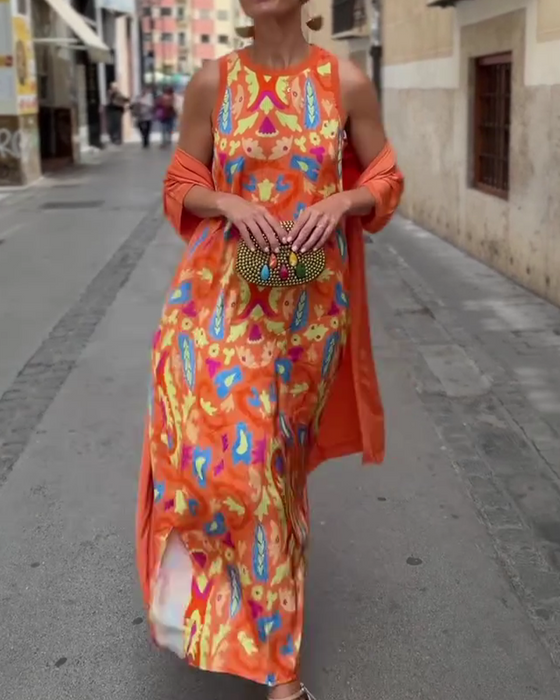 Set Mouwloze Lange Jurk Met Lange Vest