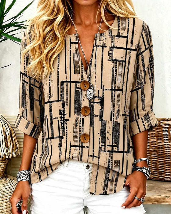 Blouse V-Hals Knoopsluiting Gestreept
