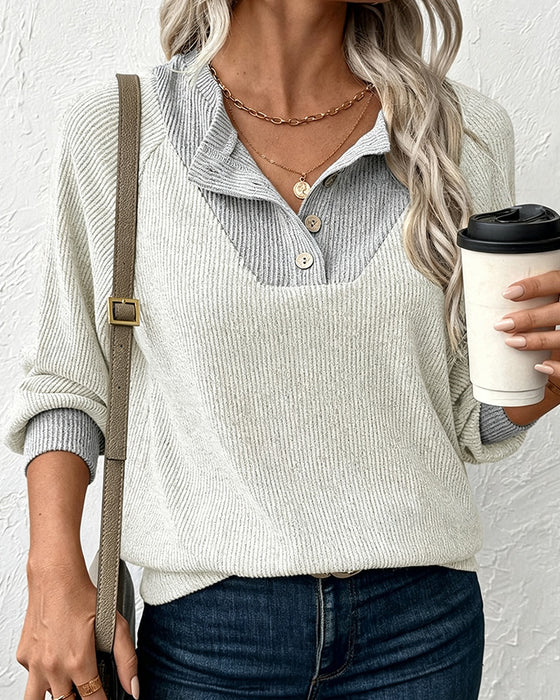 Knit Top Met Contrastkraag Lange Mouwen