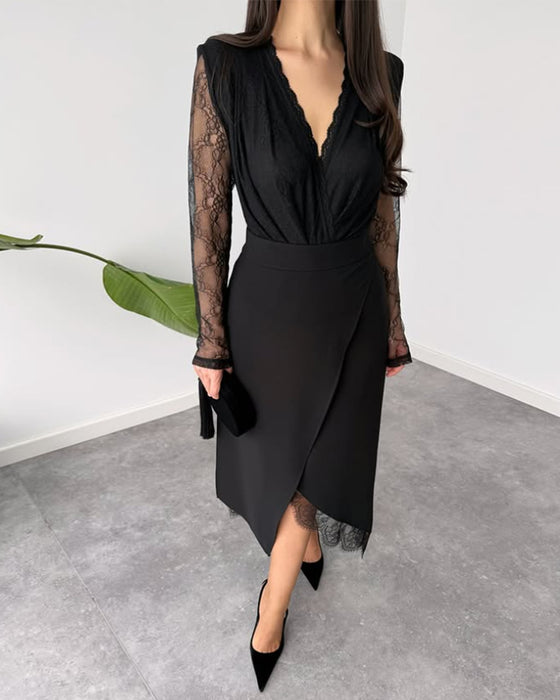 Tweedelig Set Met V-Kraag Kant Top, Asymmetrische Midirok En Elegante Stil