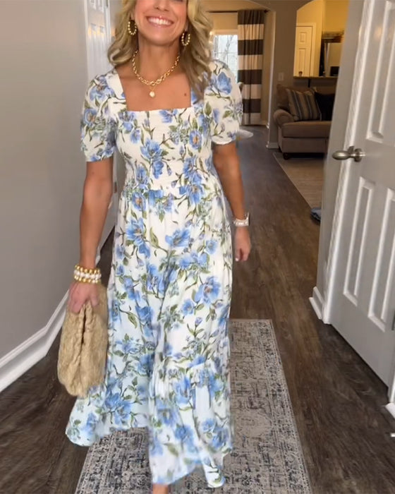 Jurk Vierkante Hals Plissé Bloemen A-Lijn