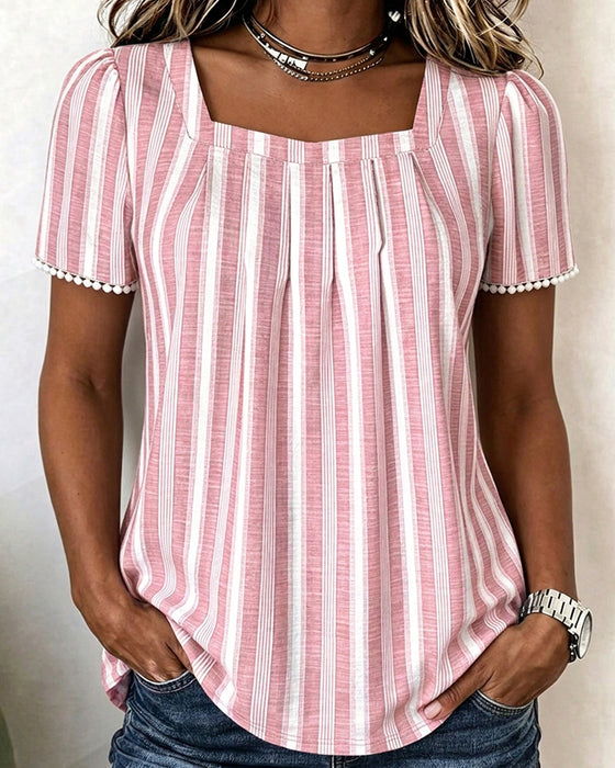 Blouse Gestreept Vierkante Hals Korte Mouw