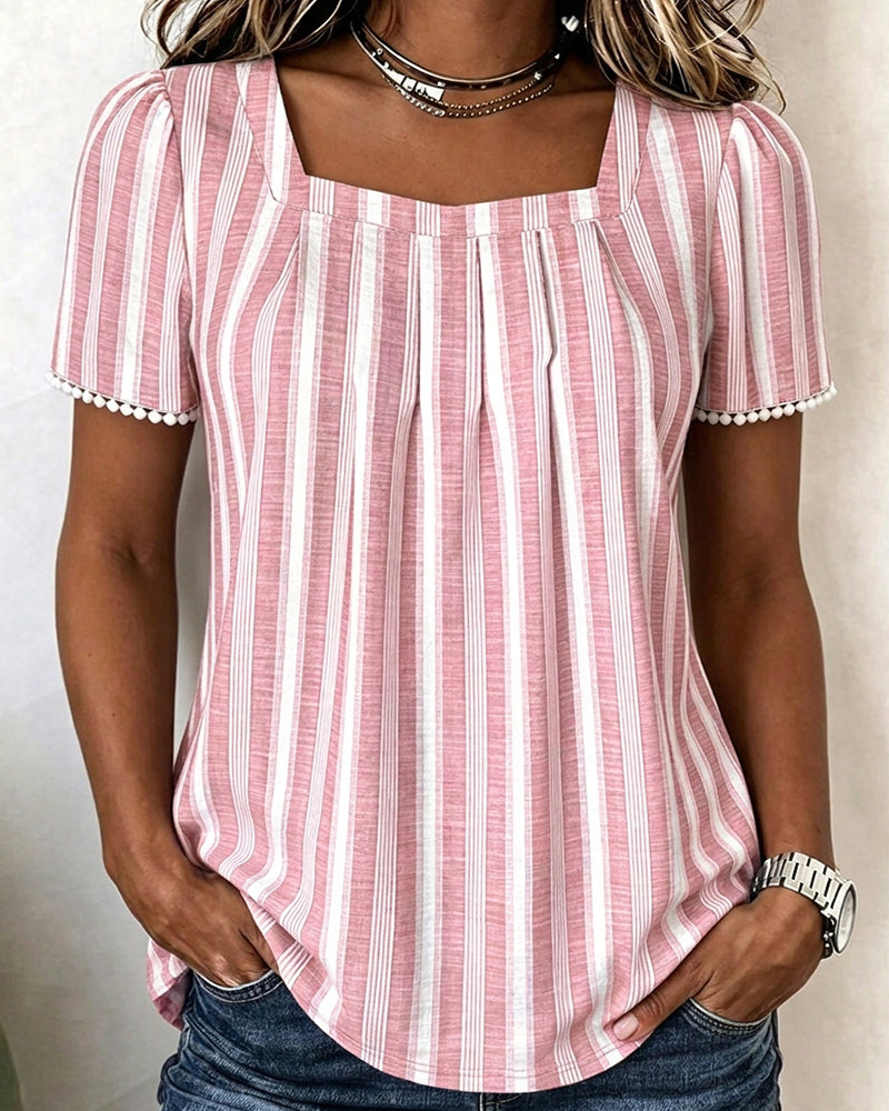 Blouse Gestreept Vierkante Hals Korte Mouw