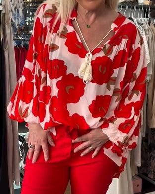 Blouse Grote Bloem Strik V-Hals