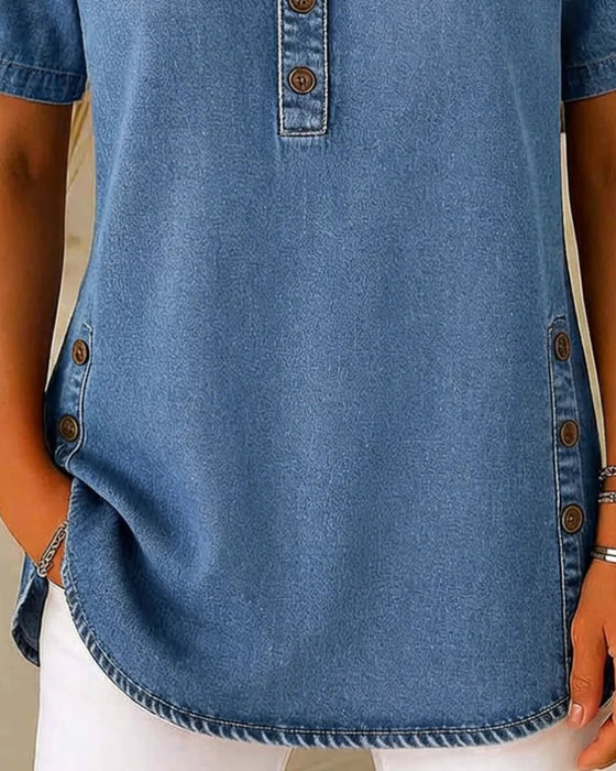 Top Knoopsluiting-Voor Denim Korte Mouw