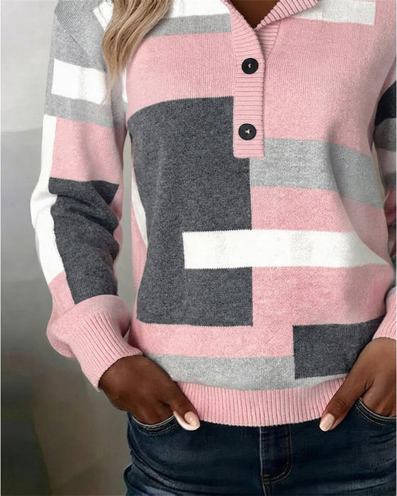 Pullover Geruit Knoopsluiting Voor Lange Mouw