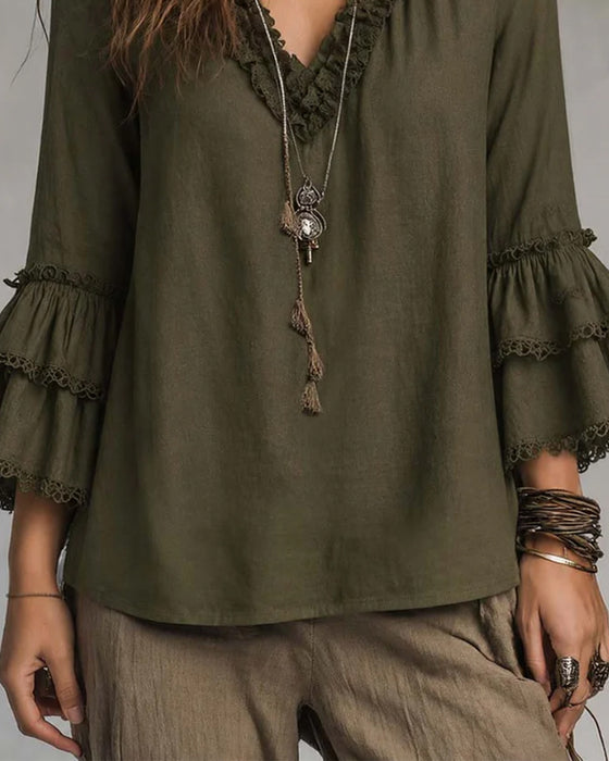 Blouse V-Hals Twee-Niveau Mouw Ruffle