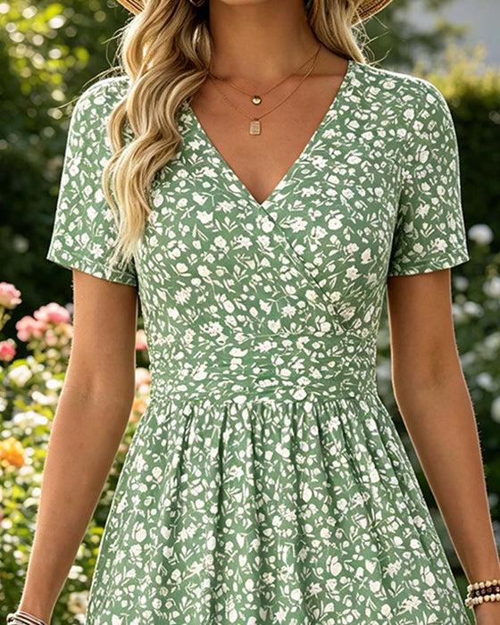 Jurk V-Hals Korte Mouw Kleine Bloemen
