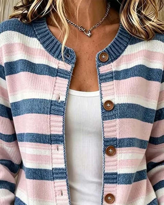 Cardigan Gestreept Ronde Hals Enkelrijg