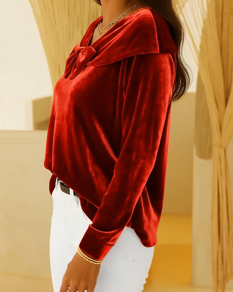 Effen Kleur Top Met Strik En V-Hals