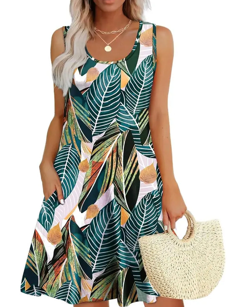 Jurk Elegant Bladprint Mouwloos