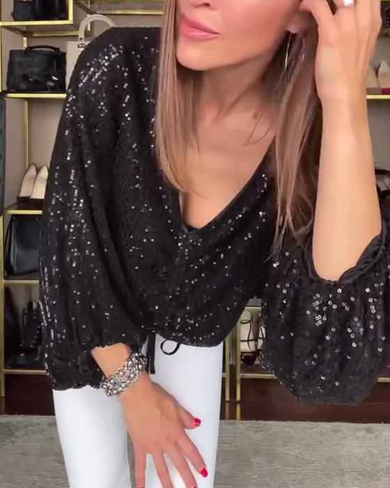 V-Hals Blouse Met Lantaarnmouwen En Pailletten