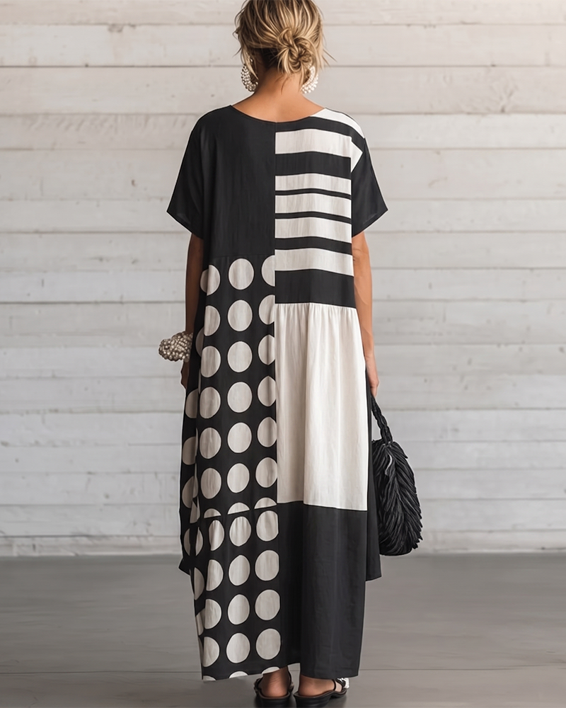 Jurk Ronde Hals Korte Mouw Stipje Patchwork