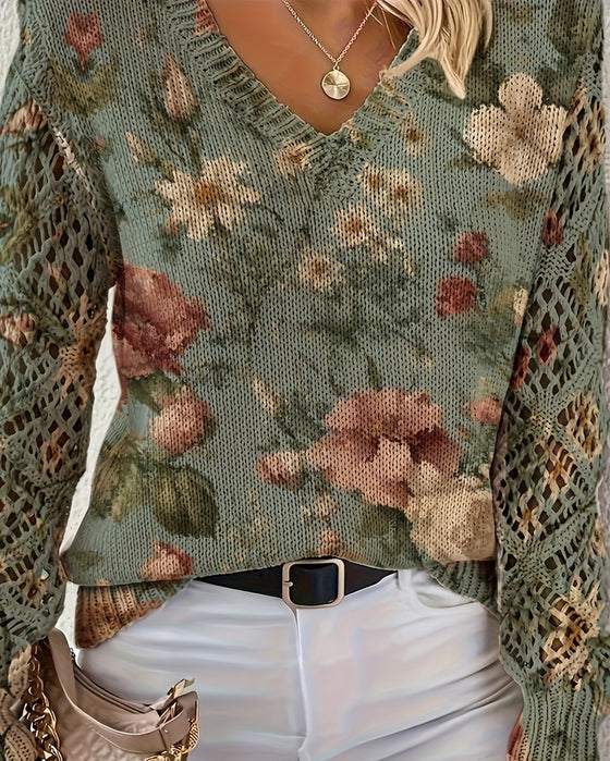 Pullover Jacquard V-Hals Hollow Lange Mouwen