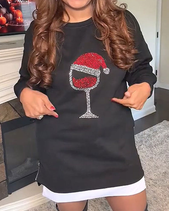 Jurk Wijnglas Kerst Print Lang Sweatshirt
