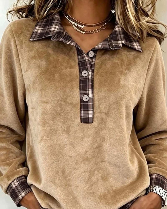 Sweatshirt Revers Knoop Geruit Patchwork