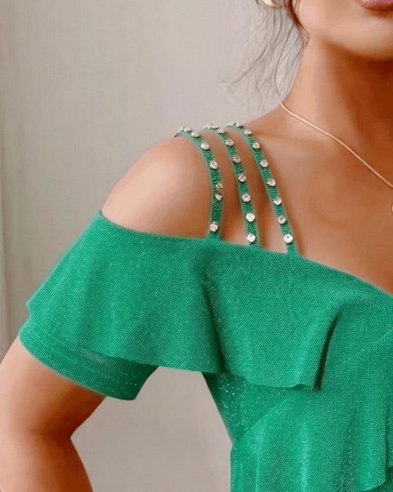 T-Shirt Diamantenbandjes Gerimpeld Off-Shoulder V-Hals