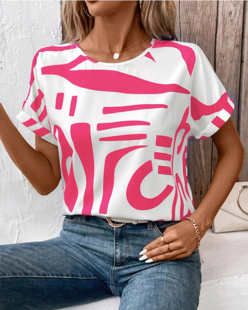 T-Shirt Ronde Hals Korte Mouw Geometrische Print