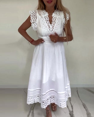 Elegante effen kanten mouwloze jurk met V-hals