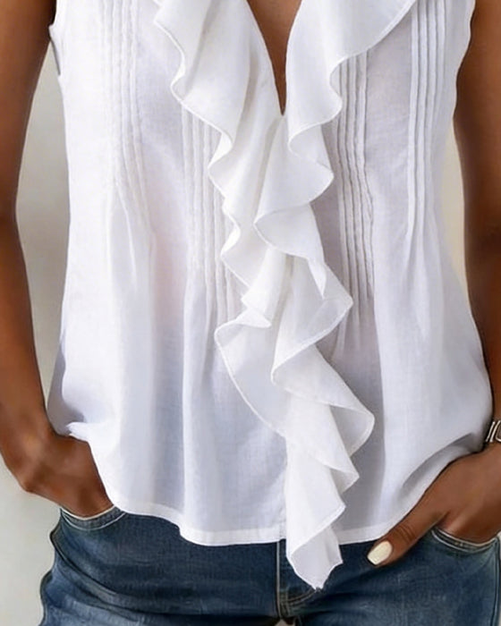 Tanktop Mouwloos Ruche V-Hals Geplooid