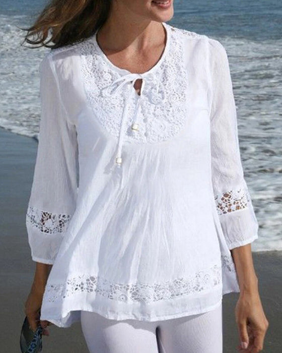Blouse Ronde Hals Strik Kant Patchwork Effen