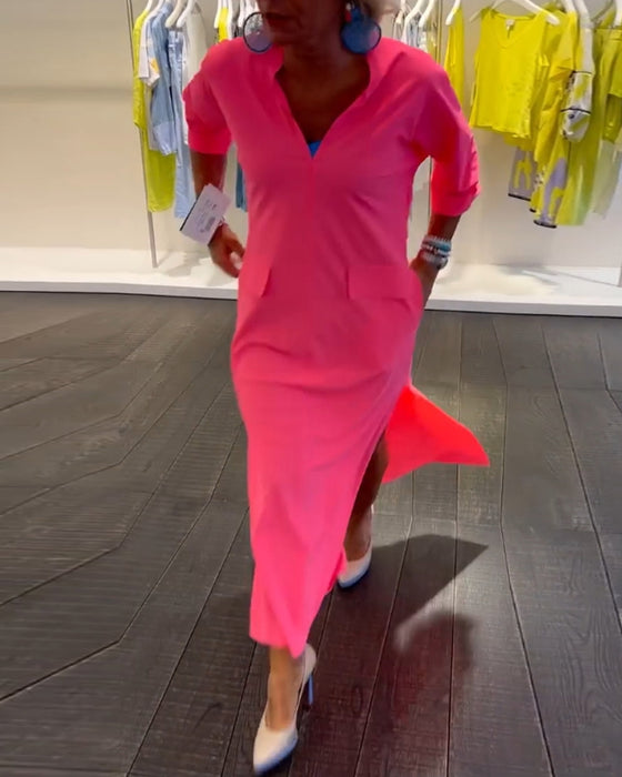 Effen jurk met split en V-hals