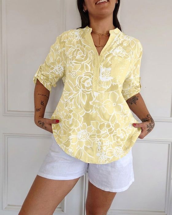 Blouse V-hals Met Knopen Bedrukt