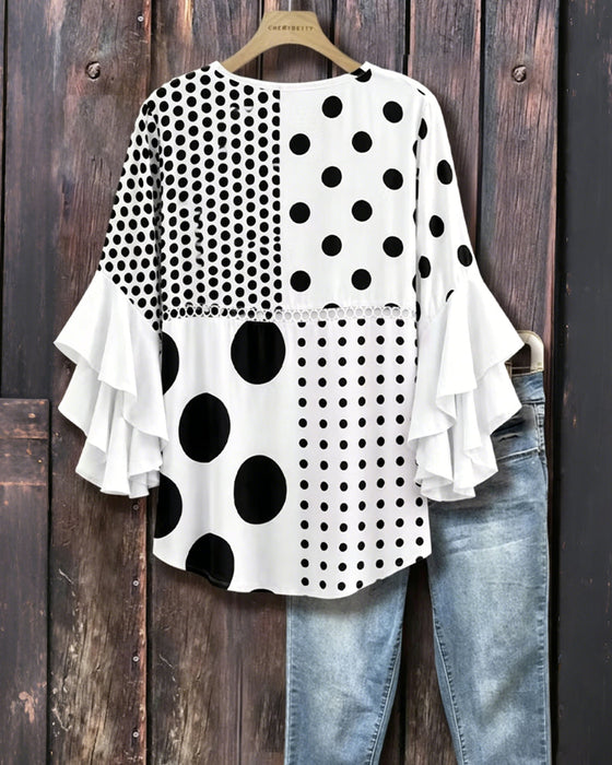 Blouse Gemengde Stip Patchwork Ruffle