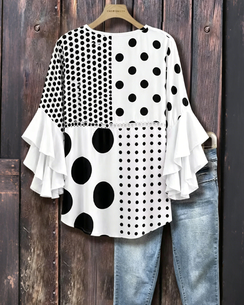 Blouse Gemengde Stip Patchwork Ruffle