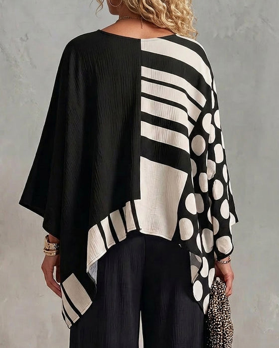 Blouse Polka Dot Streep Patchwork V Hals