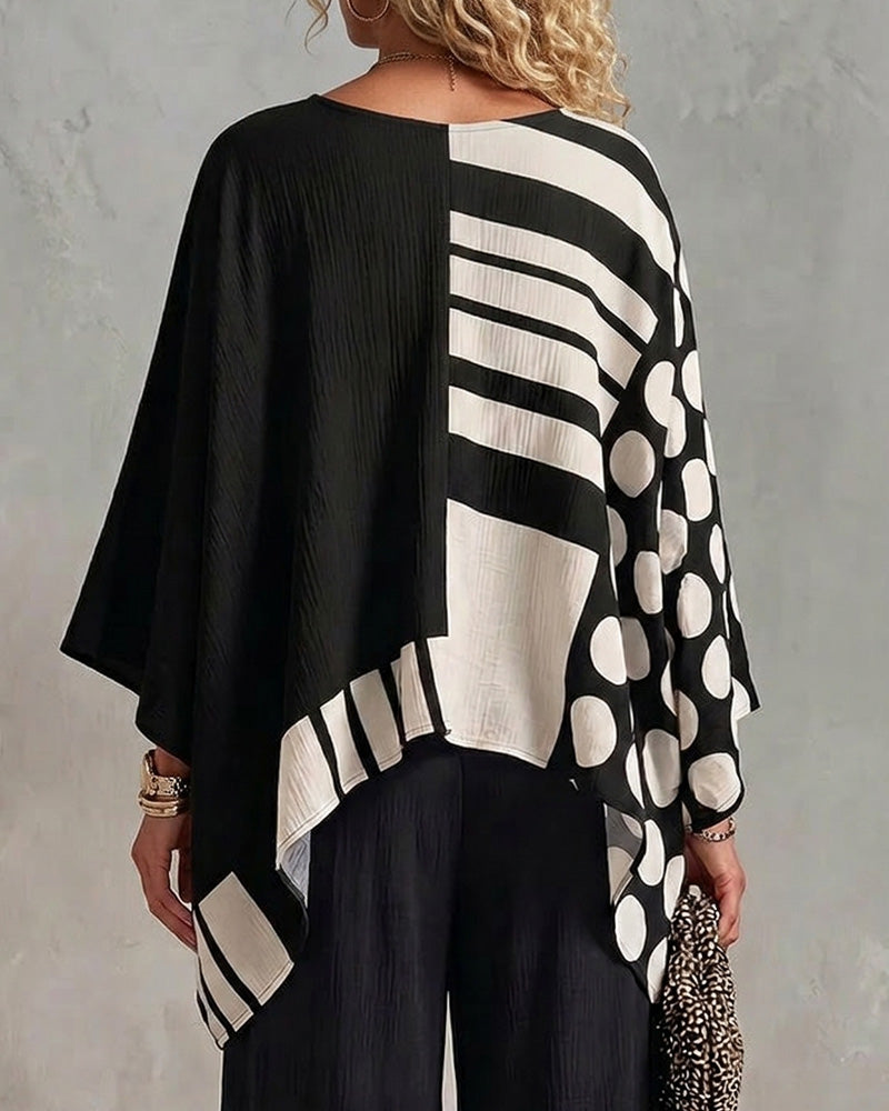 Blouse Polka Dot Streep Patchwork V Hals