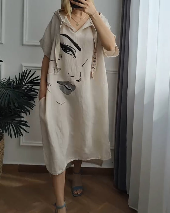 Jurk met Capuchon Bedrukt Losse Pasvorm