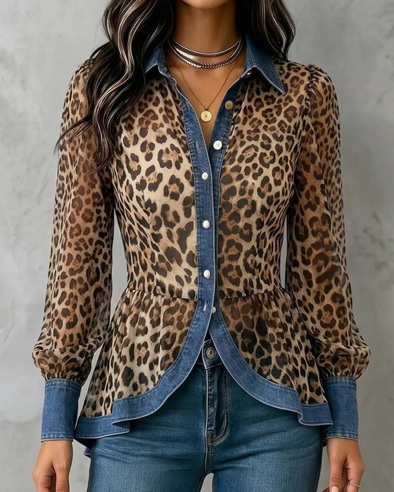 Blouse Denim Luipaard Patchwork Getailleerd