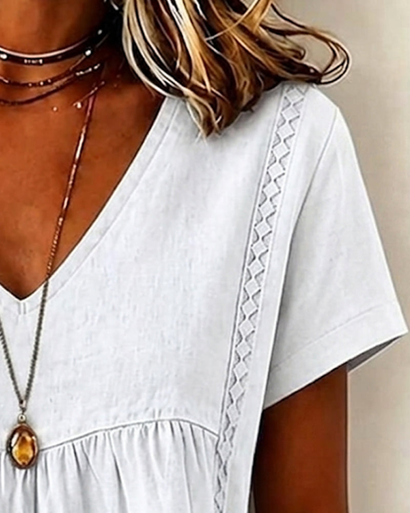 Blouse V-Hals Gerimpeld Korte Mouw