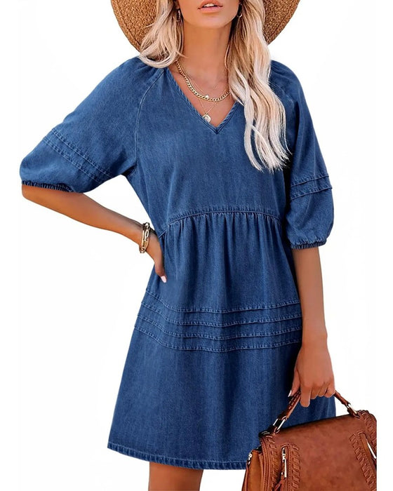 Jurken Denim V-Hals Puff Mouw