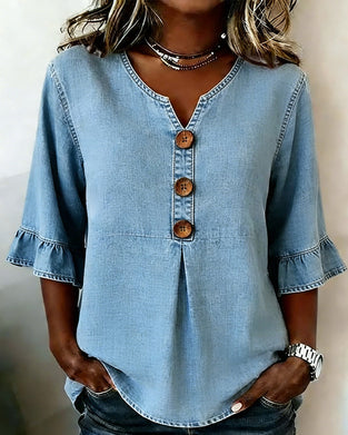 Blouse V-Hals Uitlopende Mouw Denim